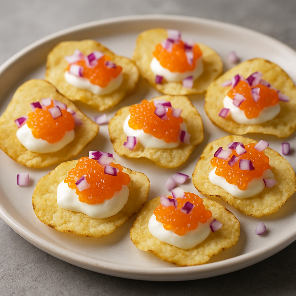 Accord vin et mets : Chips med creme fraiche, löjrom et rödlök, la recette chic