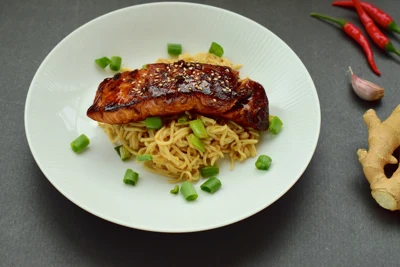 Best Wine Pairing for Salmon with Teriyaki, Noodles, and Sesame Seeds