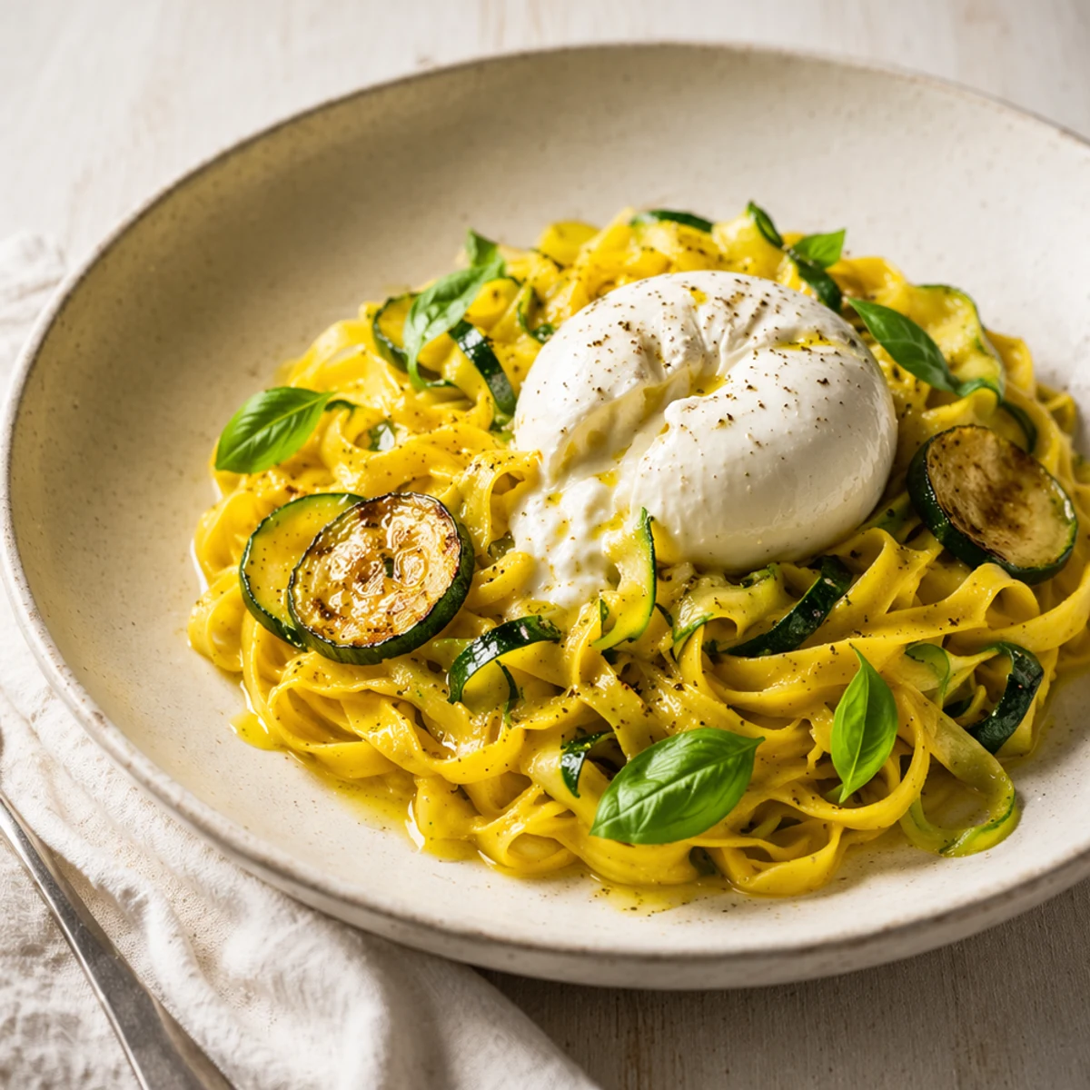 Maridaje vino con Saffranspasta med zucchini och burrata