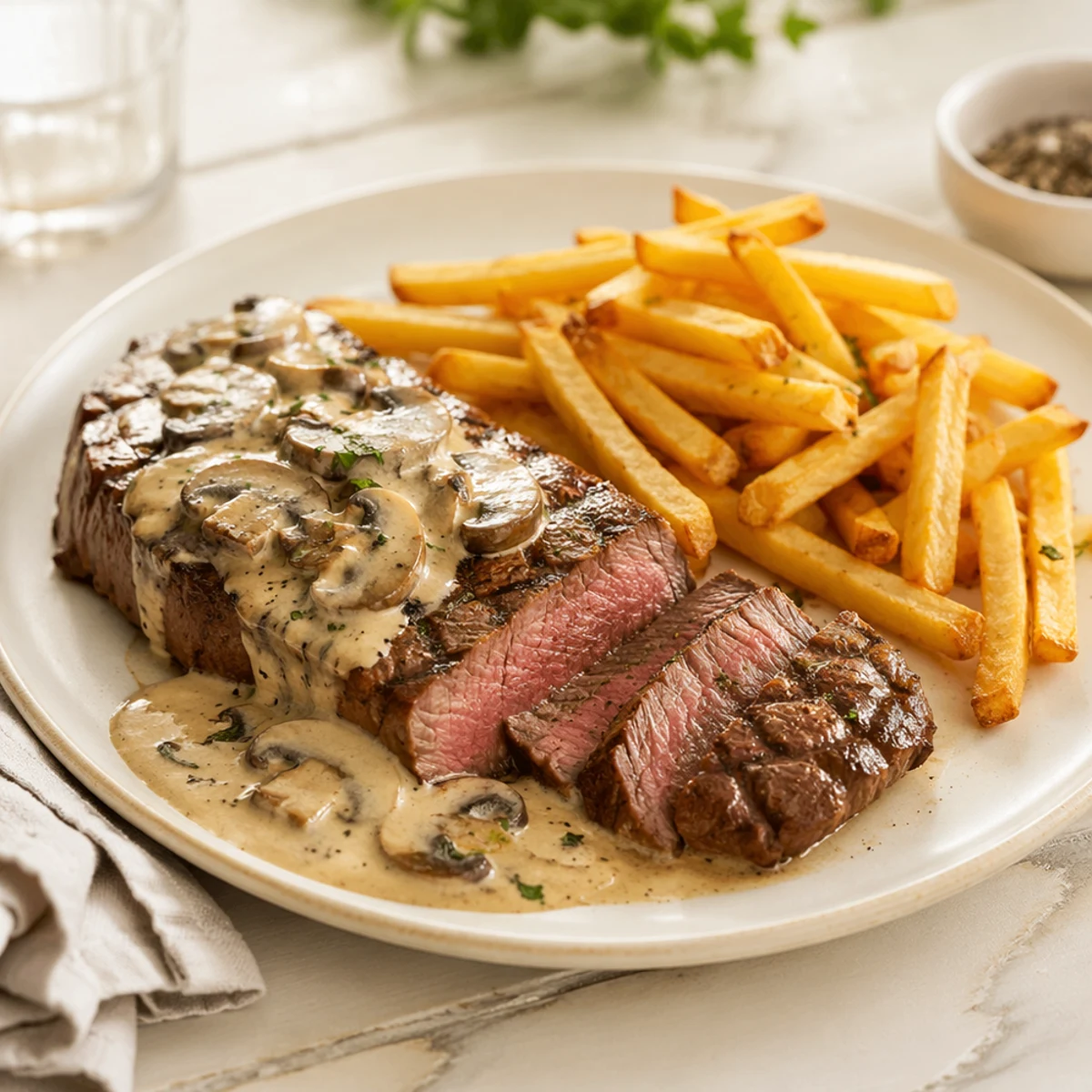 Biefstuk med friet och champignonsås – recept & vinmatchning