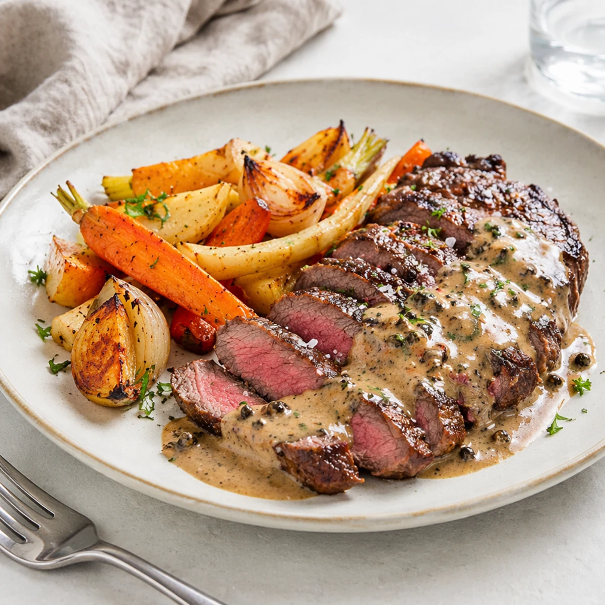 Grillad entrecôte med pepparsås och rotfrukter : accord vin parfait