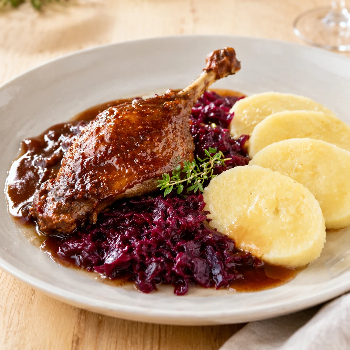 Best Wine with Duck Legs in Red Wine, Red Cabbage and Dumplings