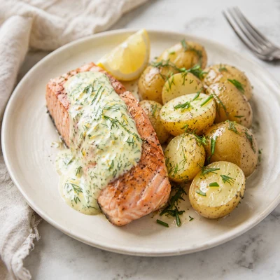 Wein zu Zalm met Mosterd-Dille Saus en Nieuwe Aardappelen
