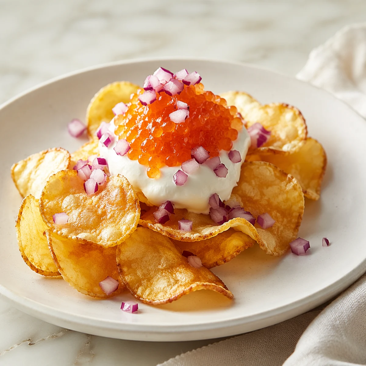 Maridaje vino con Chips med creme fraiche, löjrom och rödlök