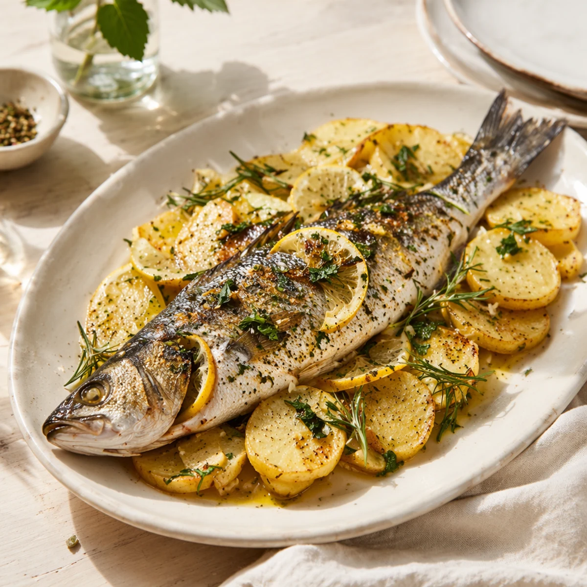 Branzino al Forno con Patate e Erbe Aromatiche: Receita e Harmonização Vinho