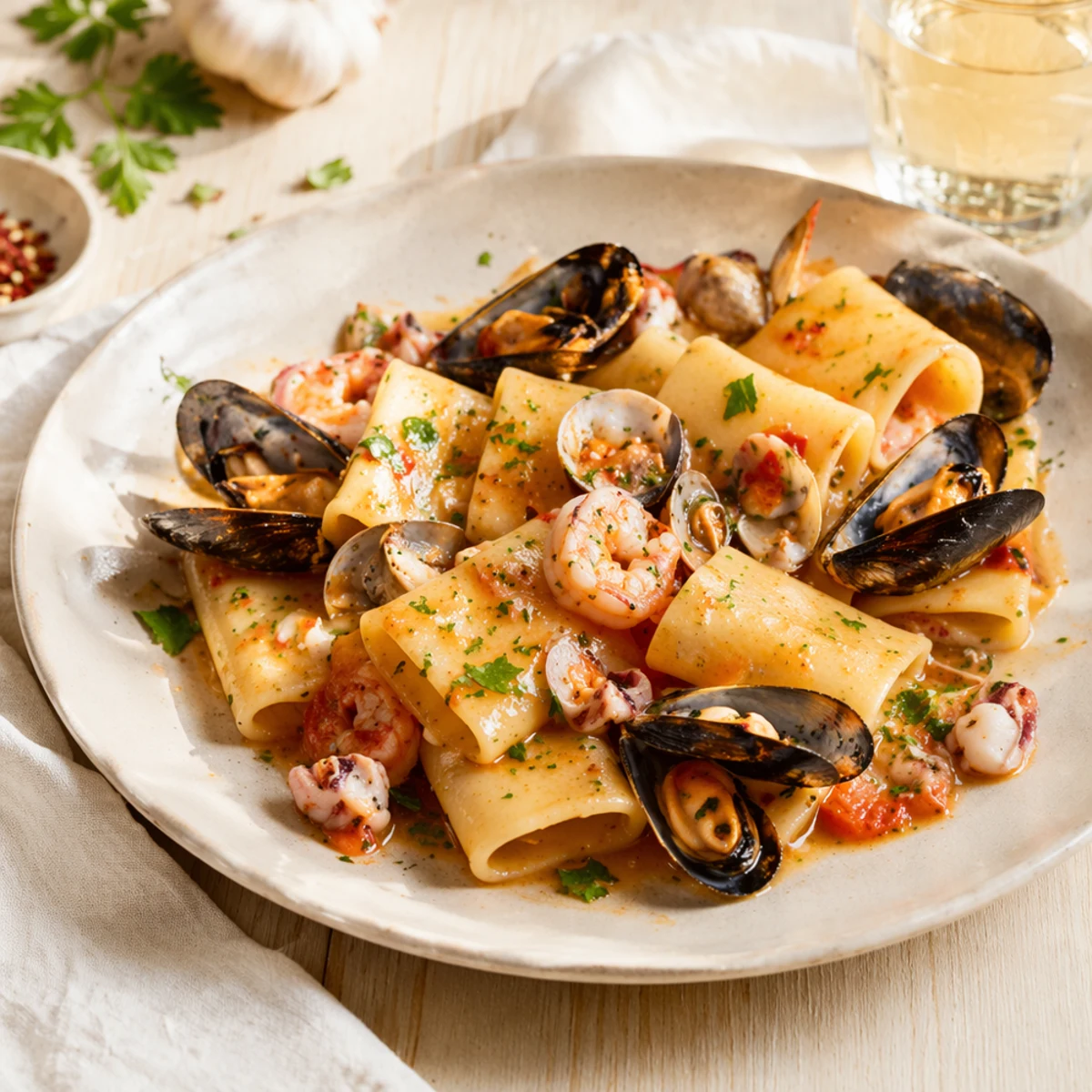 Paccheri ai frutti di mare: receita e harmonização vinho perfeita